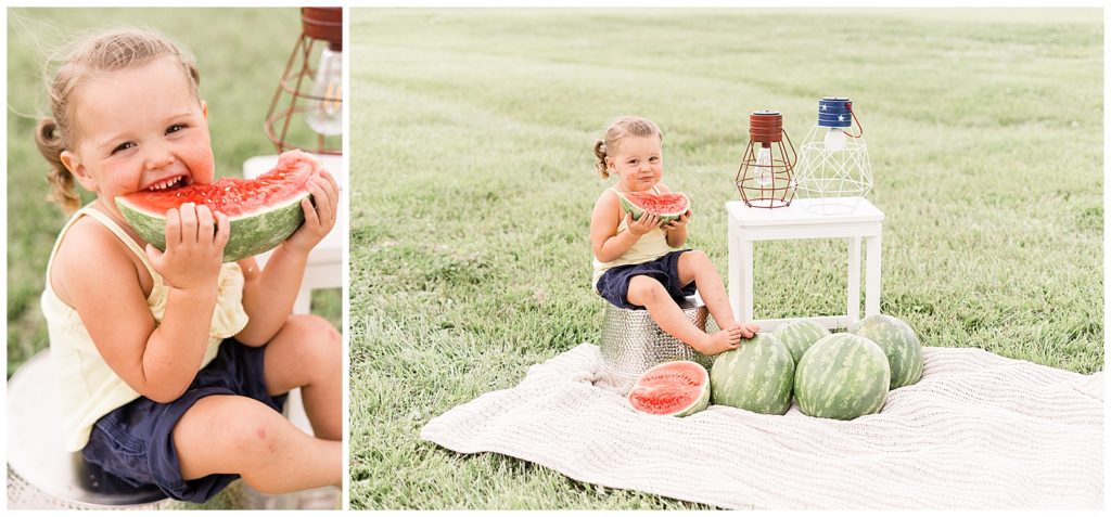 little girl sitting on bucket eating watermelon