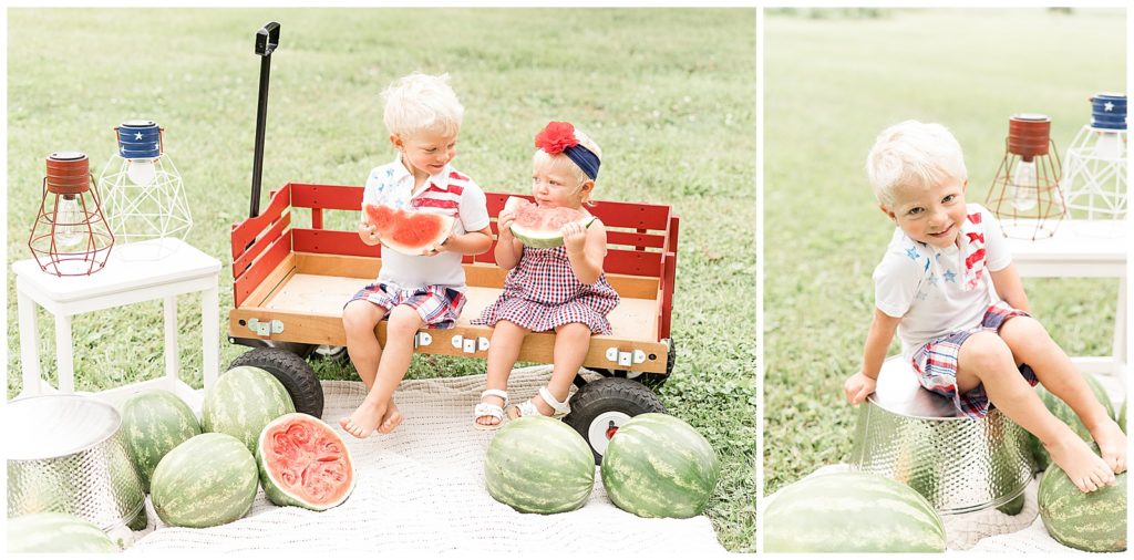 little kids sitting in wagon eating watermelon