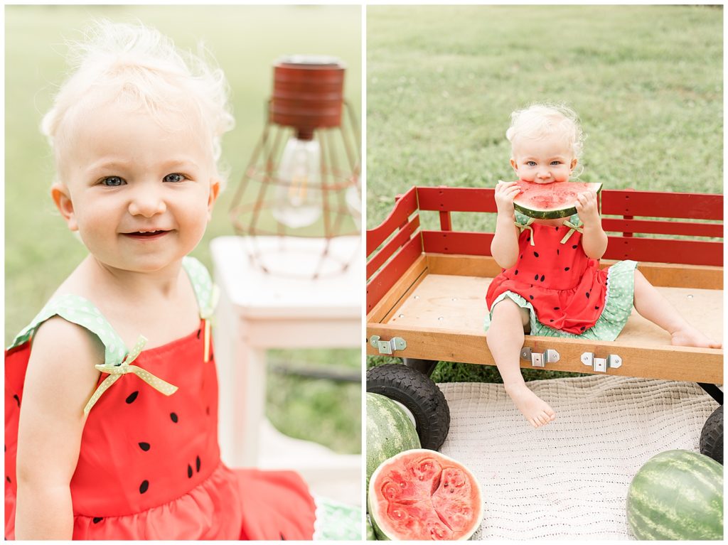 little girl eating watermelon in wagon