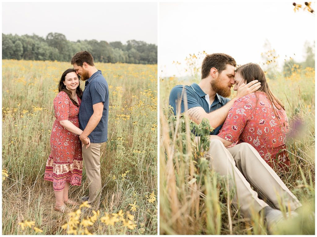 Couple sitting in flower field sharing a moment