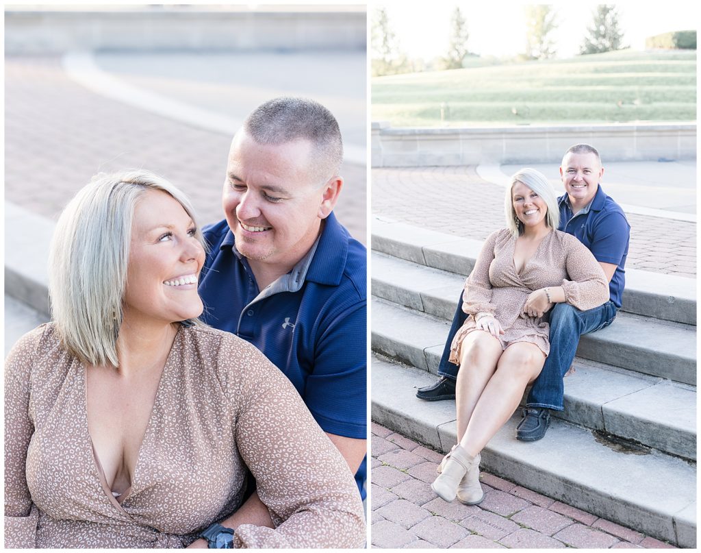 Husband and Wife sitting on steps at Coxhall Gardens in Carmel, Indiana